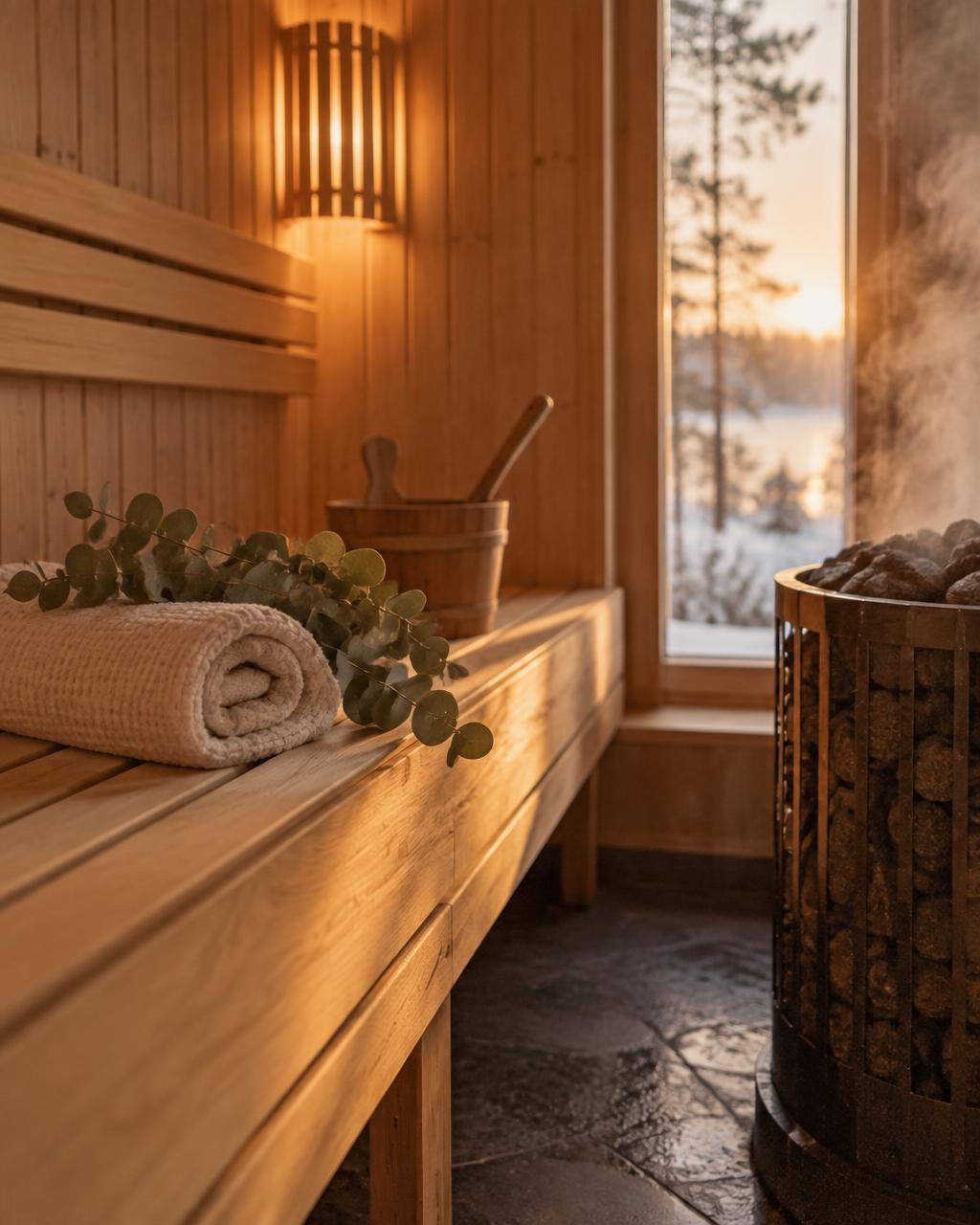 En dampende sauna i varmt gyldent lys med håndklæder og eukalyptus på bænken